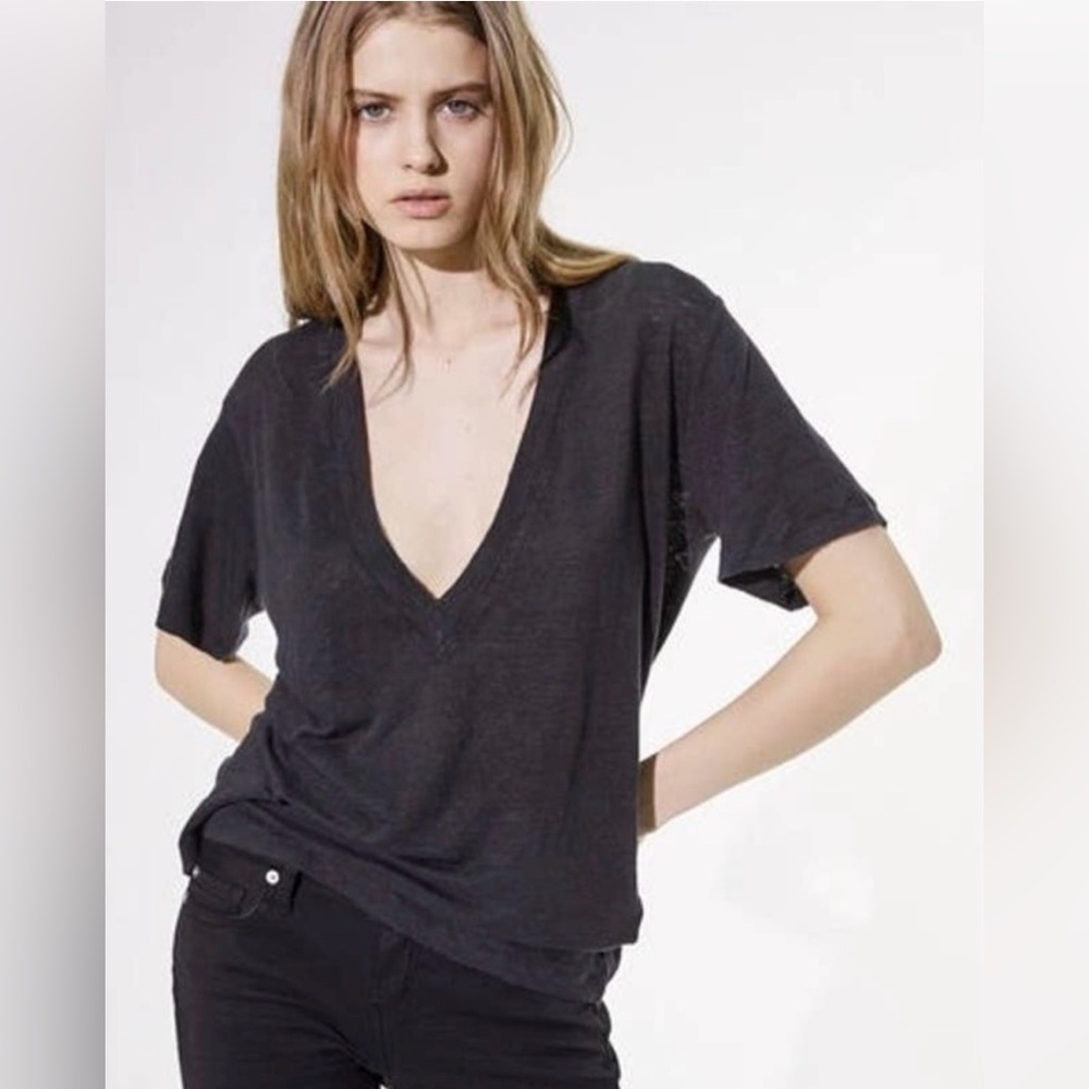 IRO Paris Jahal 19S Black 100% Linen Deep V Short Sleeve T Shirt Small